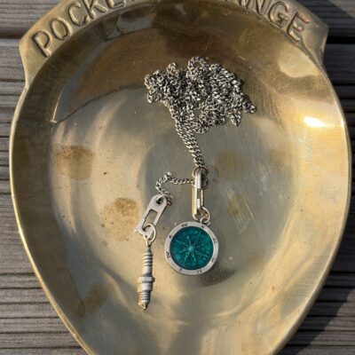Sister hook chain with 2 charms : Silver compass with blue enemal / silver sparkplug
